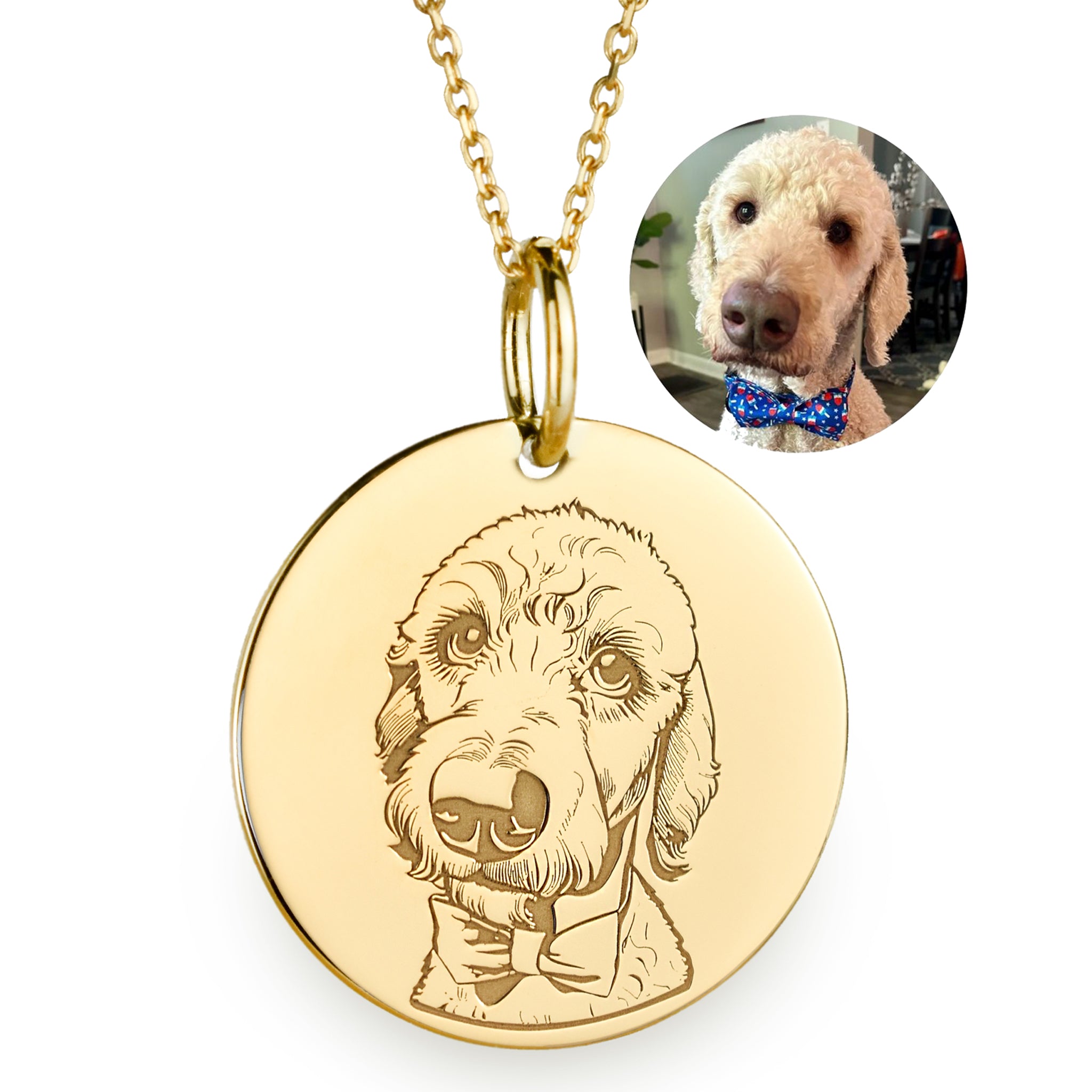 A dainty gold necklace which can be customized with an engraving of your pet's face.